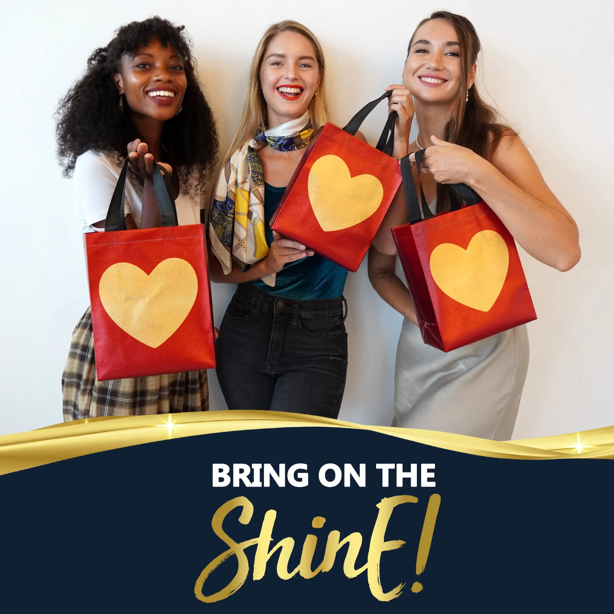12 Red Gift Bags With Shiny Gold Heart Print - Non-woven Reusable Gift Bags With Glossy Finish - Cute Birthday Bag, Favor Bags, Eco-Friendly Gift Bags, Christmas, Party - 8x4x10 Small-Medium Size