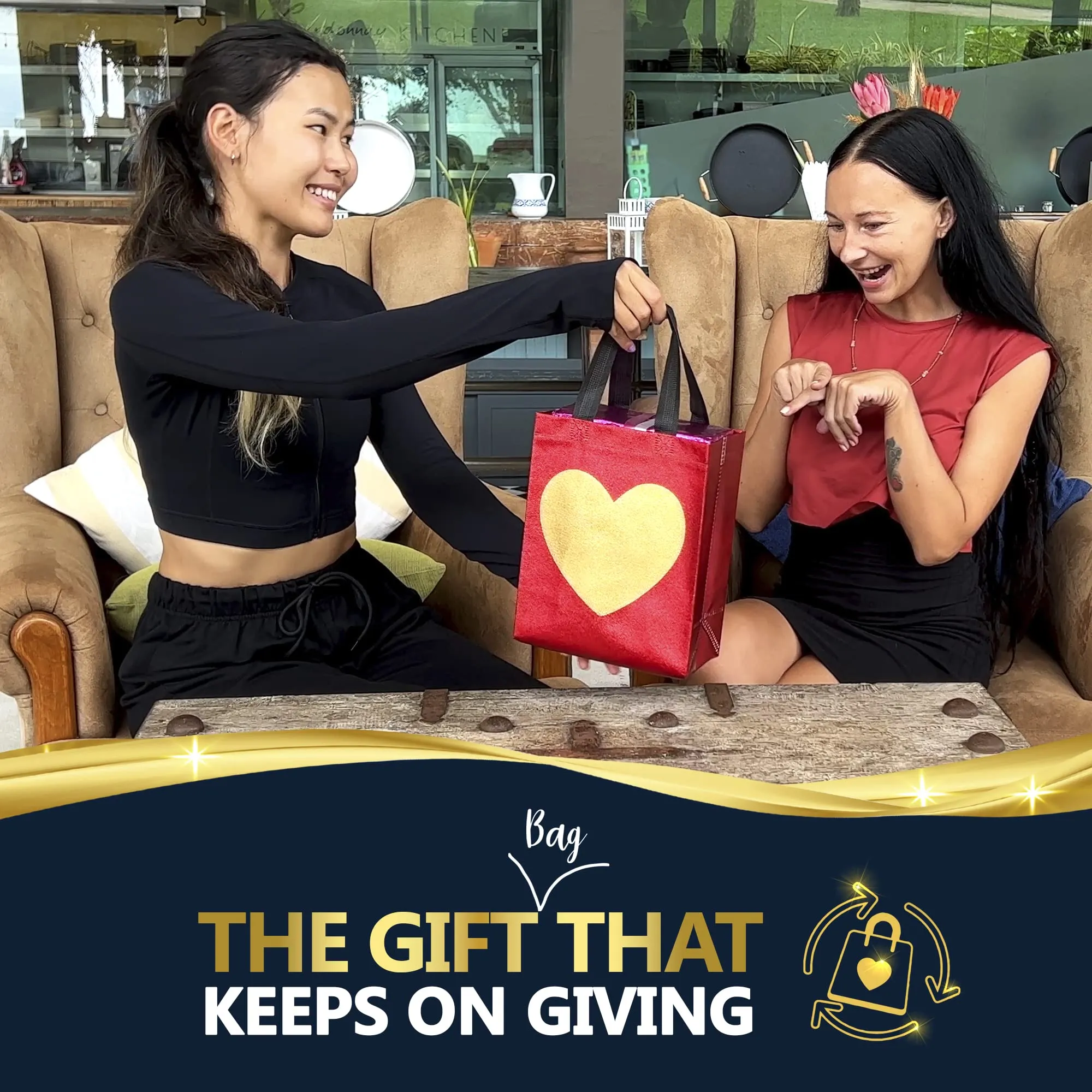 12 Red Gift Bags With Shiny Gold Heart Print - Non-woven Reusable Gift Bags With Glossy Finish - Cute Birthday Bag, Favor Bags, Eco-Friendly Gift Bags, Christmas, Party - 8x4x10 Small-Medium Size