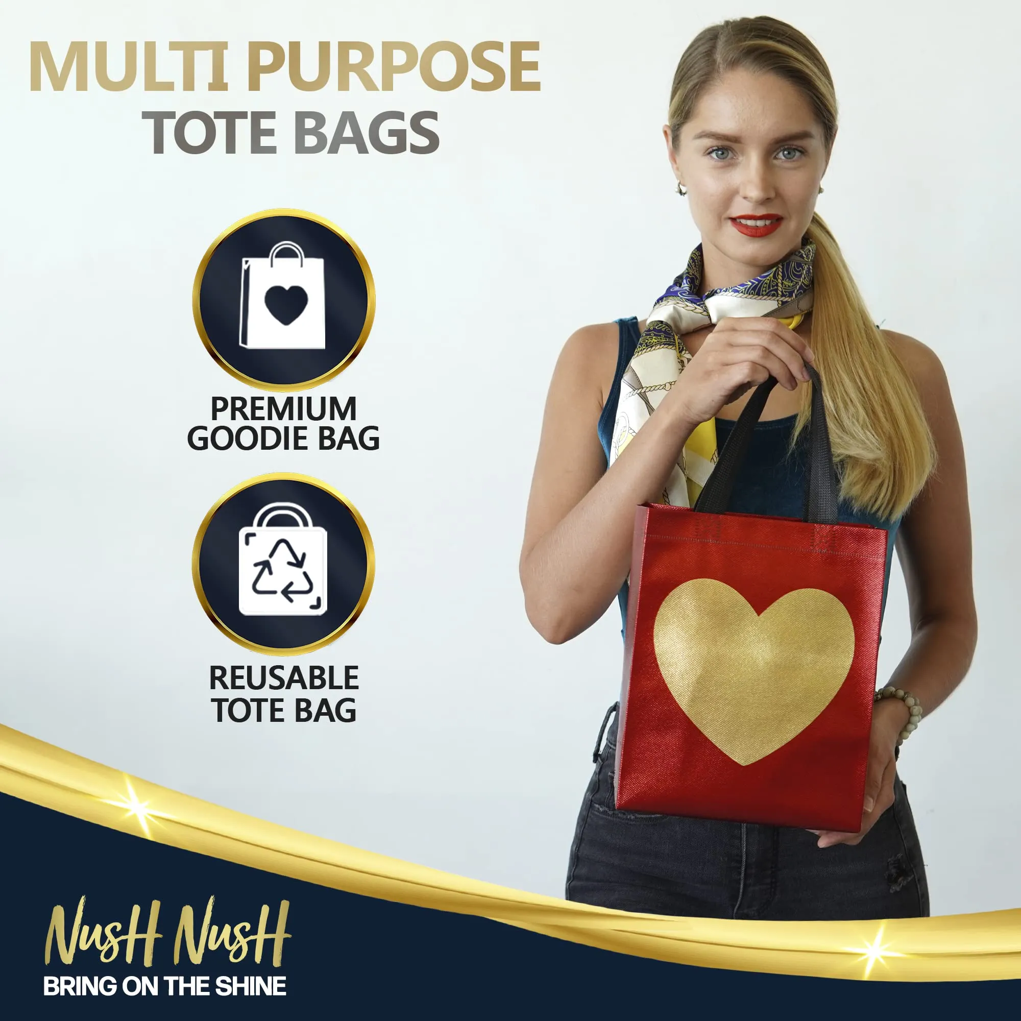 12 Red Gift Bags With Shiny Gold Heart Print - Non-woven Reusable Gift Bags With Glossy Finish - Cute Birthday Bag, Favor Bags, Eco-Friendly Gift Bags, Christmas, Party - 8x4x10 Small-Medium Size