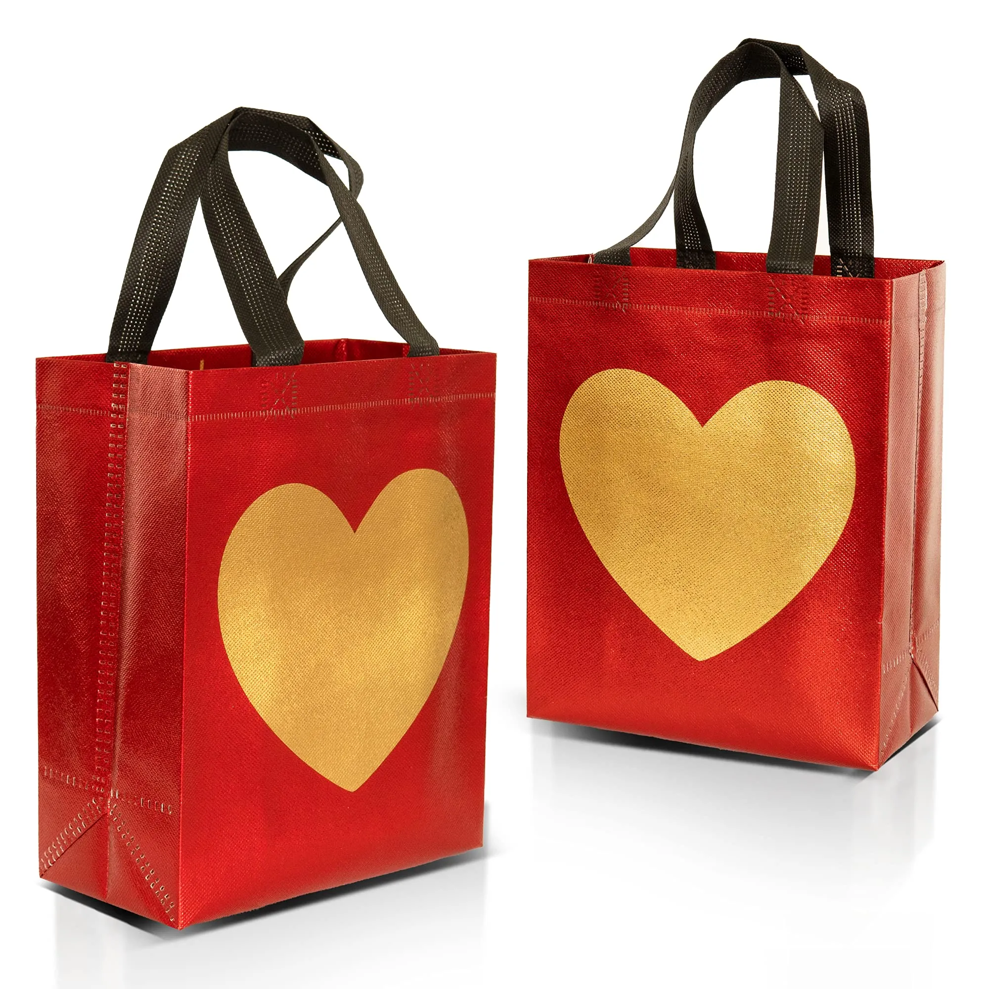 12 Red Gift Bags With Shiny Gold Heart Print - Non-woven Reusable Gift Bags With Glossy Finish - Cute Birthday Bag, Favor Bags, Eco-Friendly Gift Bags, Christmas, Party - 8x4x10 Small-Medium Size
