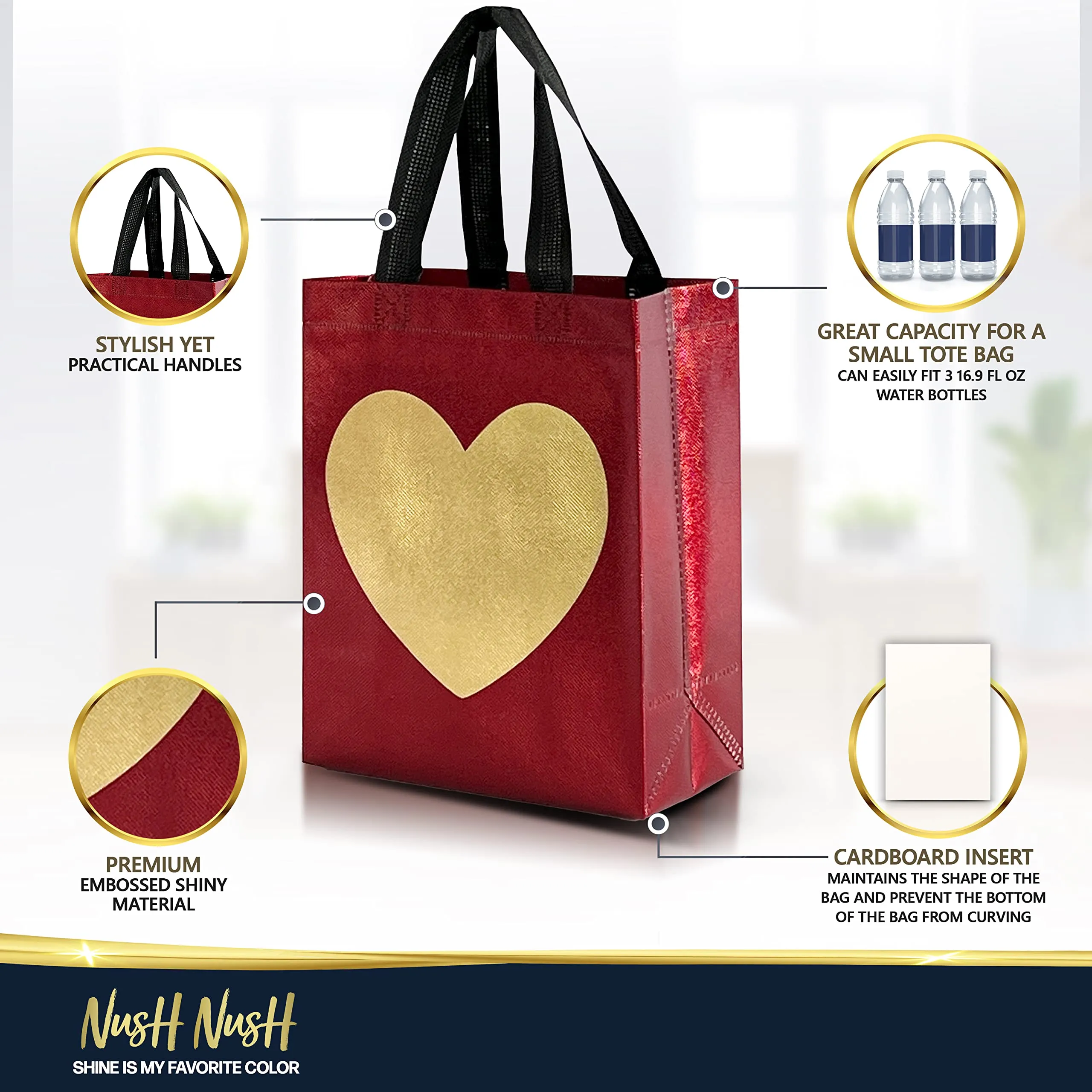 12 Red Gift Bags With Shiny Gold Heart Print - Non-woven Reusable Gift Bags With Glossy Finish - Cute Birthday Bag, Favor Bags, Eco-Friendly Gift Bags, Christmas, Party - 8x4x10 Small-Medium Size