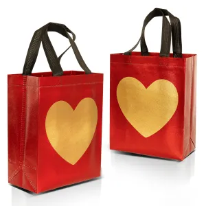 12 Red Gift Bags With Shiny Gold Heart Print - Non-woven Reusable Gift Bags With Glossy Finish - Cute Birthday Bag, Favor Bags, Eco-Friendly Gift Bags, Christmas, Party - 8x4x10 Small-Medium Size