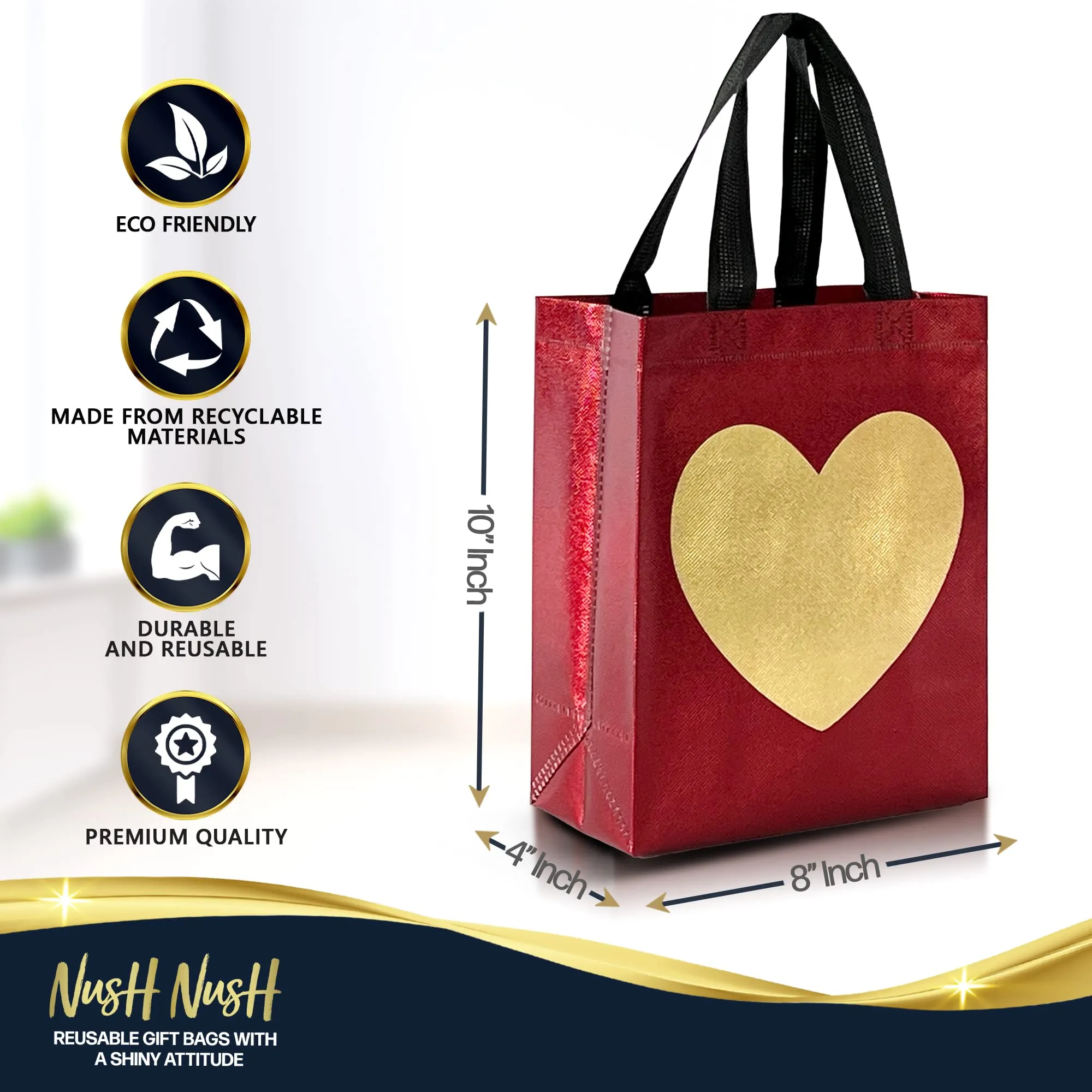 12 Red Gift Bags With Shiny Gold Heart Print - Non-woven Reusable Gift Bags With Glossy Finish - Cute Birthday Bag, Favor Bags, Eco-Friendly Gift Bags, Christmas, Party - 8x4x10 Small-Medium Size