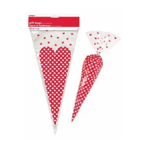 20 Pack Heart Print Cone Cello Bags