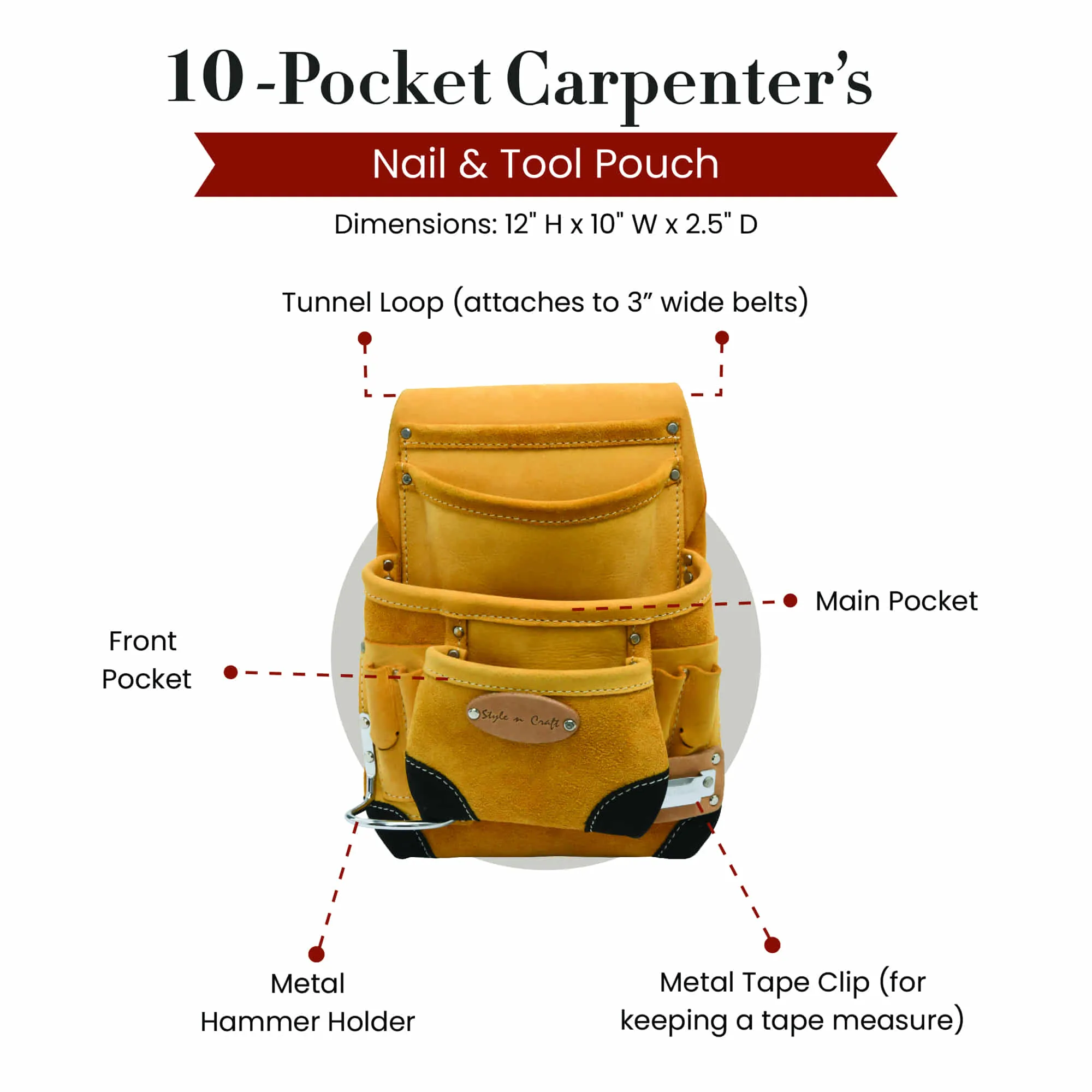 93924 - 10 Pocket Carpenter's Nail & Tool Pouch with Tape Clip in Full Grain Leather | Style n Craft