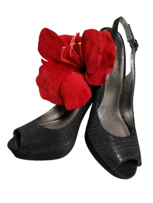 Adrianna Papell Black Pewter Sparkly Open Toe Stiletto Heels