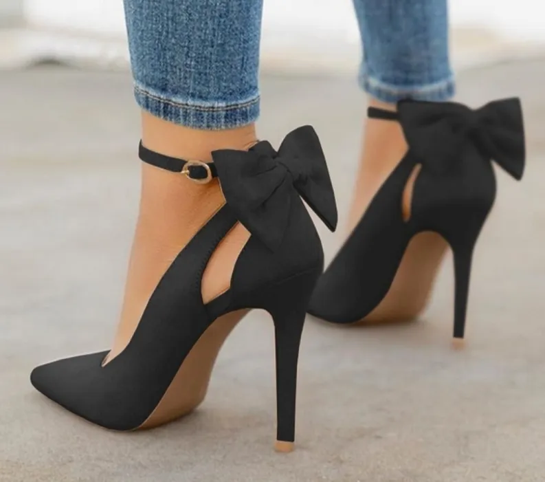 Amozae- SHY Bow Pumps Women High Heels Pointed Toe Stiletto Pumps  Party Woman Black Wedding Shoes Zapatos Mujer