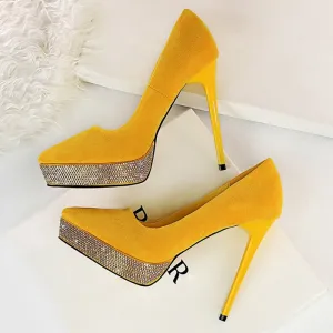 Amozae-Women Stripper Extreme 12cm High Heels Suede Platform Pumps Lady Scarpins Yellow Heels   Crystal Fetish Stiletto Shoes
