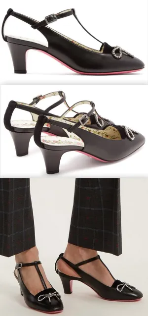 Anita Crystal-Bow Embellished T-bar Leather Pumps
