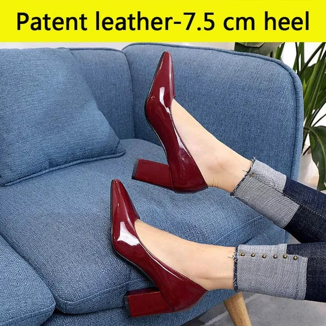 Aphixta Shoes Women Pointed Toe Pumps Sapato feminino 7.5cm High Square Heels Patent Leather Fashion Work Black Party Shoes