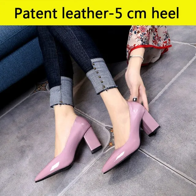 Aphixta Shoes Women Pointed Toe Pumps Sapato feminino 7.5cm High Square Heels Patent Leather Fashion Work Black Party Shoes