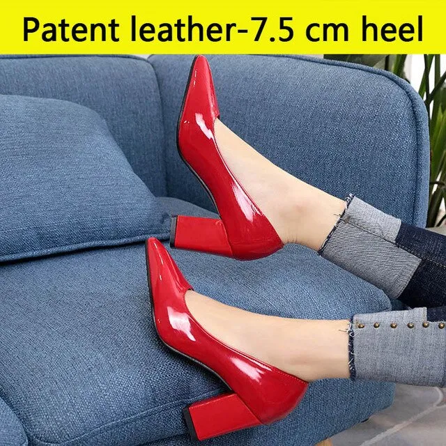 Aphixta Shoes Women Pointed Toe Pumps Sapato feminino 7.5cm High Square Heels Patent Leather Fashion Work Black Party Shoes