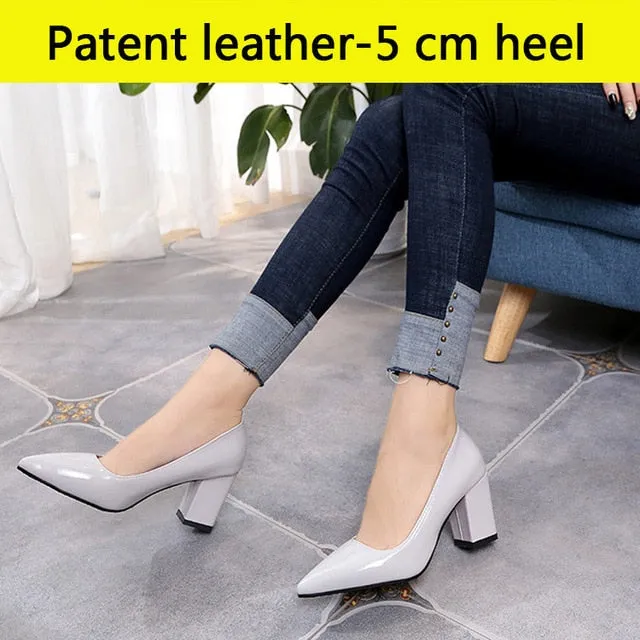 Aphixta Shoes Women Pointed Toe Pumps Sapato feminino 7.5cm High Square Heels Patent Leather Fashion Work Black Party Shoes