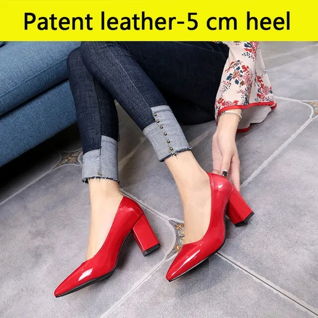 Aphixta Shoes Women Pointed Toe Pumps Sapato feminino 7.5cm High Square Heels Patent Leather Fashion Work Black Party Shoes