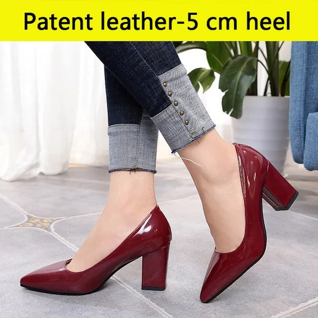 Aphixta Shoes Women Pointed Toe Pumps Sapato feminino 7.5cm High Square Heels Patent Leather Fashion Work Black Party Shoes