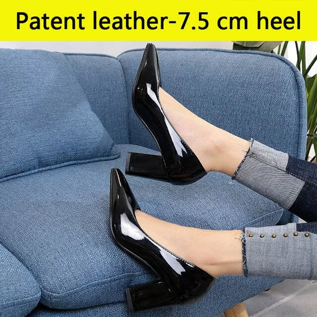 Aphixta Shoes Women Pointed Toe Pumps Sapato feminino 7.5cm High Square Heels Patent Leather Fashion Work Black Party Shoes