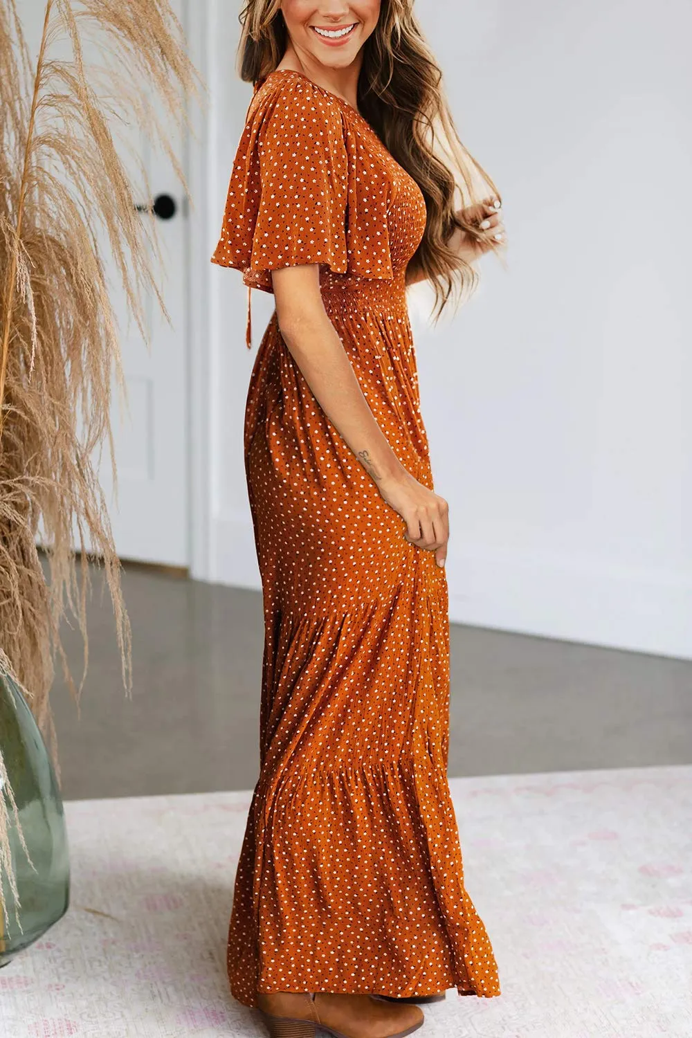 Army Green Women's Round Neck Short Flutter Sleeve Smocked Ruffle Floral Maxi Dress - Kranda
