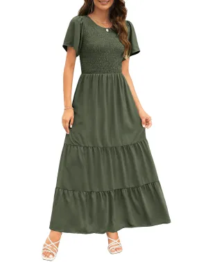 Army Green Women's Round Neck Short Flutter Sleeve Smocked Ruffle Floral Maxi Dress - Kranda