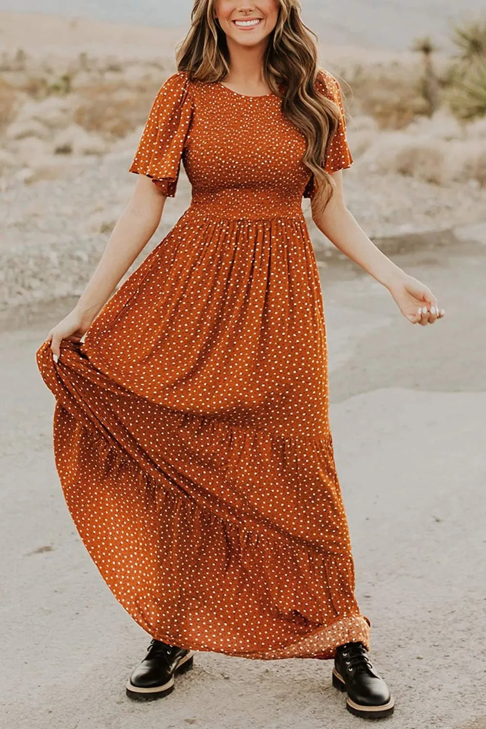 Army Green Women's Round Neck Short Flutter Sleeve Smocked Ruffle Floral Maxi Dress - Kranda