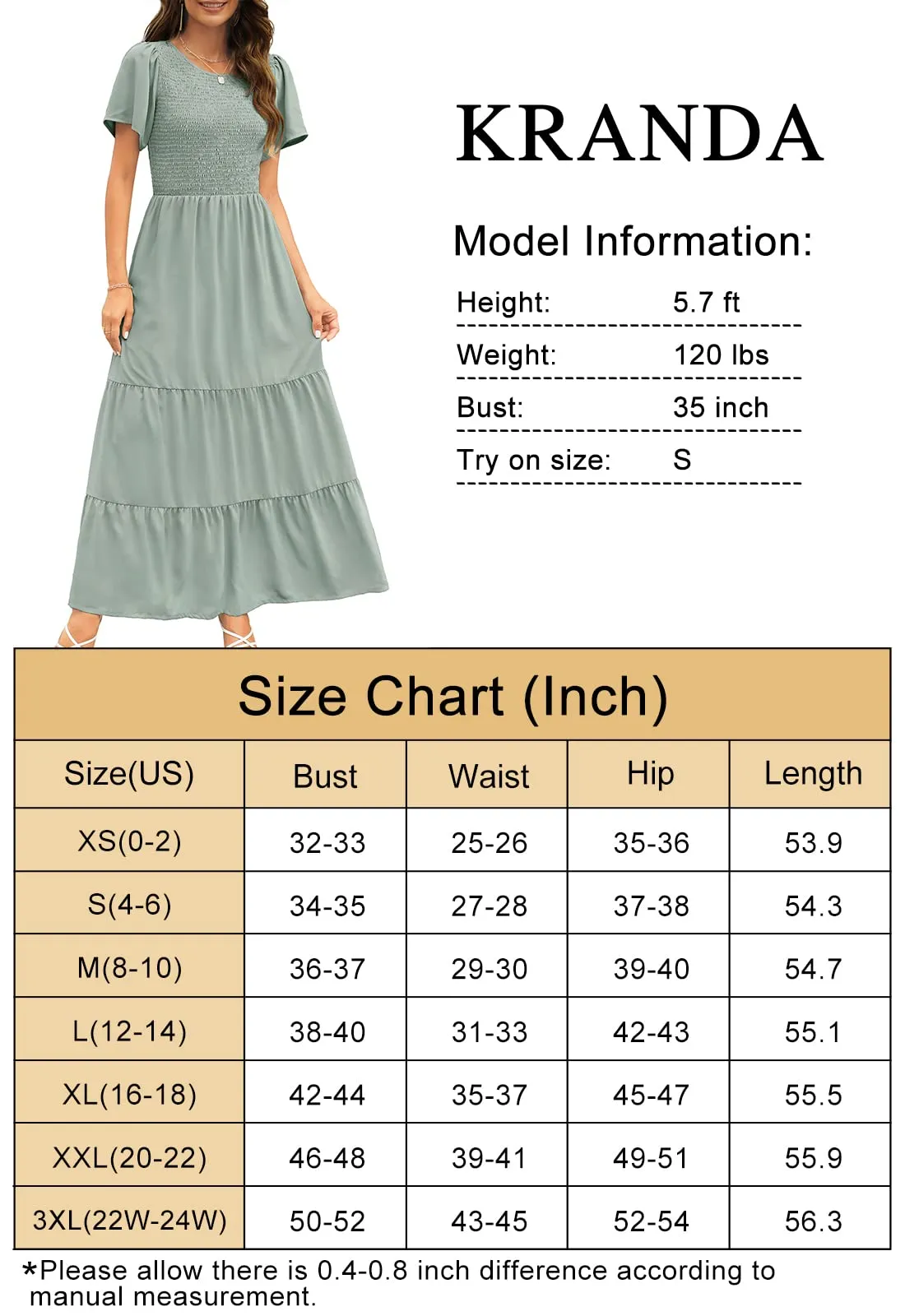 Army Green Women's Round Neck Short Flutter Sleeve Smocked Ruffle Floral Maxi Dress - Kranda