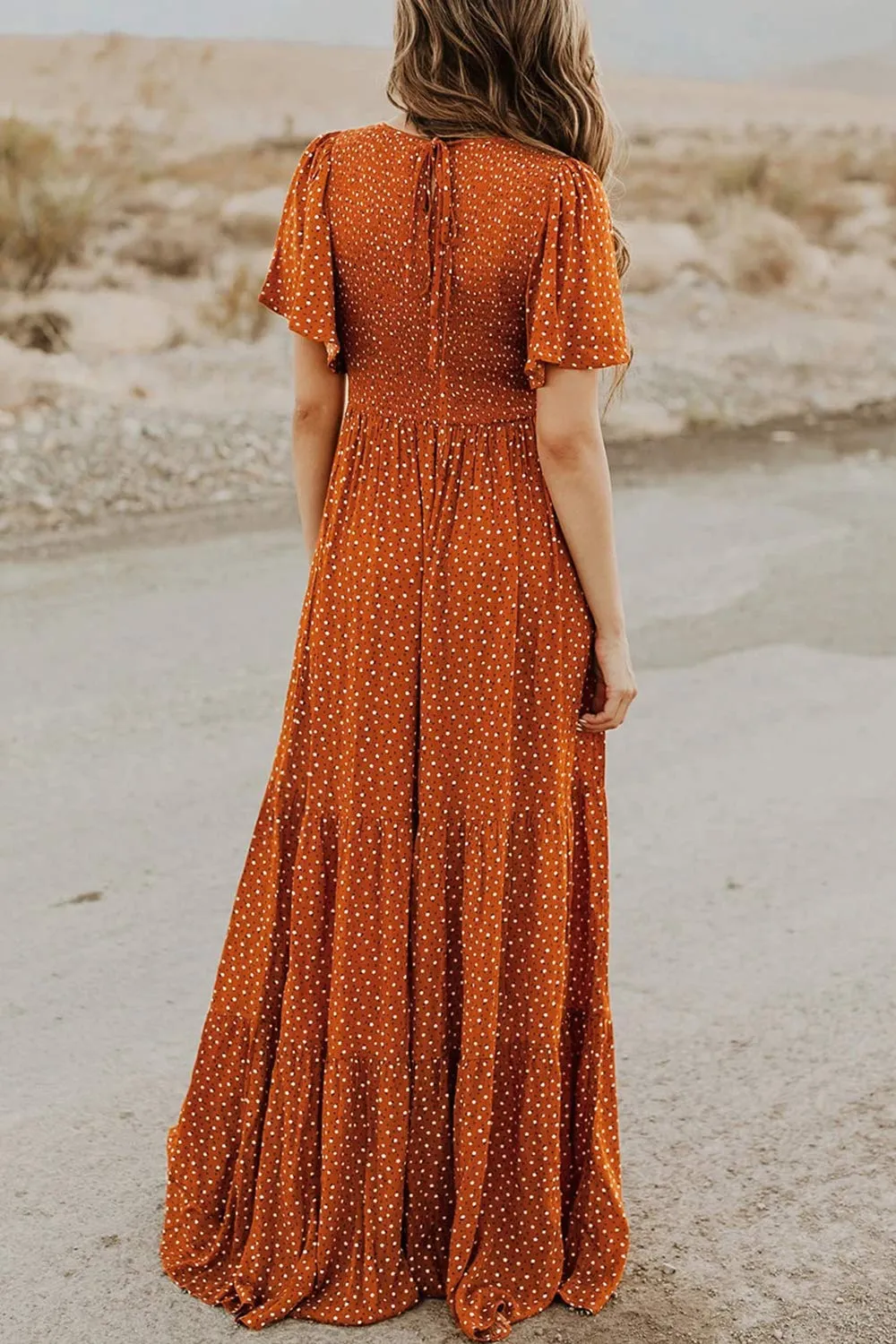 Army Green Women's Round Neck Short Flutter Sleeve Smocked Ruffle Floral Maxi Dress - Kranda