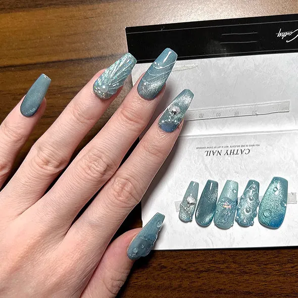Beach Themed The Little Mermaid Nails Cateye Acrylic Press Ons