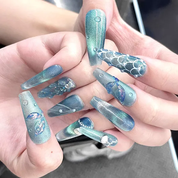 Beach Themed The Little Mermaid Nails Cateye Acrylic Press Ons