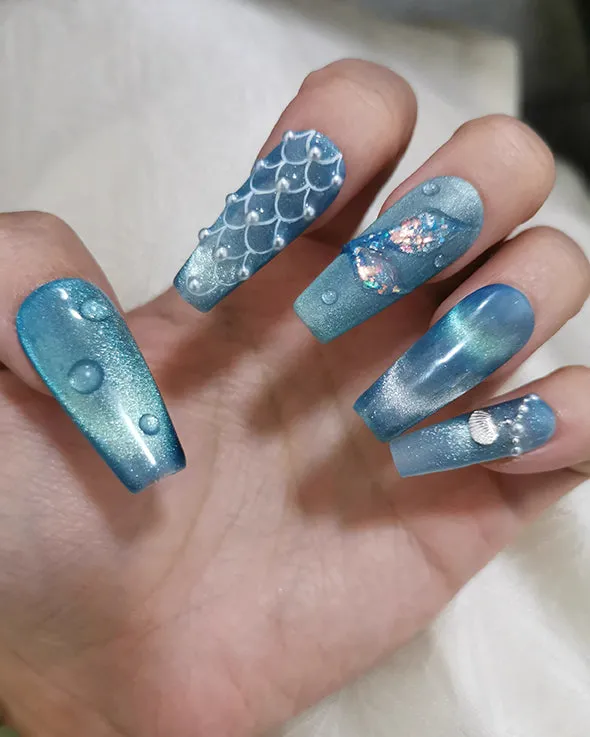 Beach Themed The Little Mermaid Nails Cateye Acrylic Press Ons