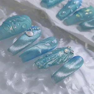 Beach Themed The Little Mermaid Nails Cateye Acrylic Press Ons