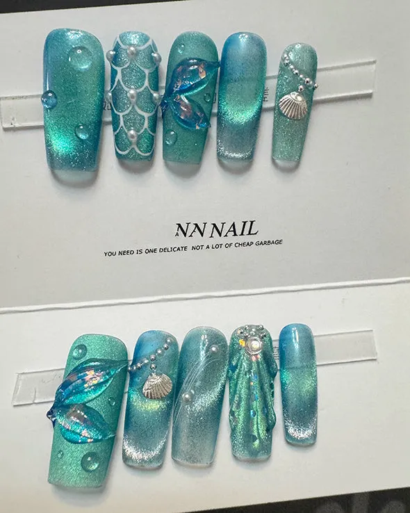 Beach Themed The Little Mermaid Nails Cateye Acrylic Press Ons