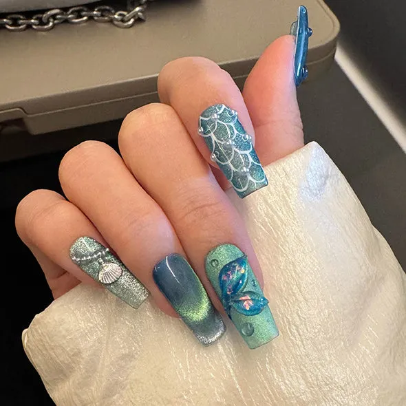 Beach Themed The Little Mermaid Nails Cateye Acrylic Press Ons