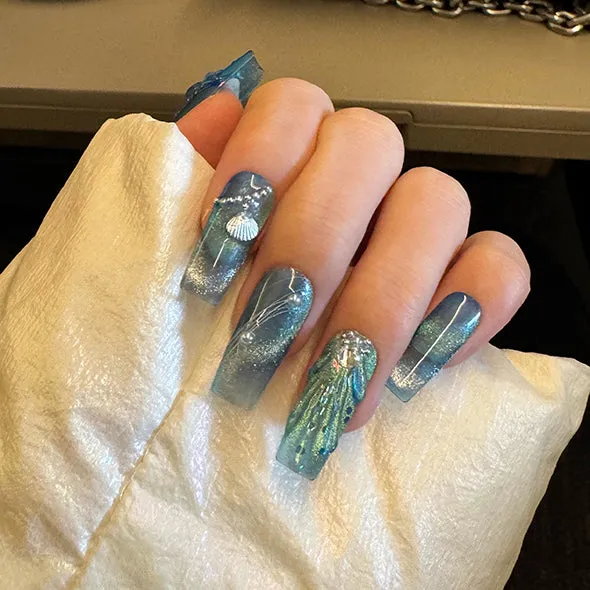 Beach Themed The Little Mermaid Nails Cateye Acrylic Press Ons