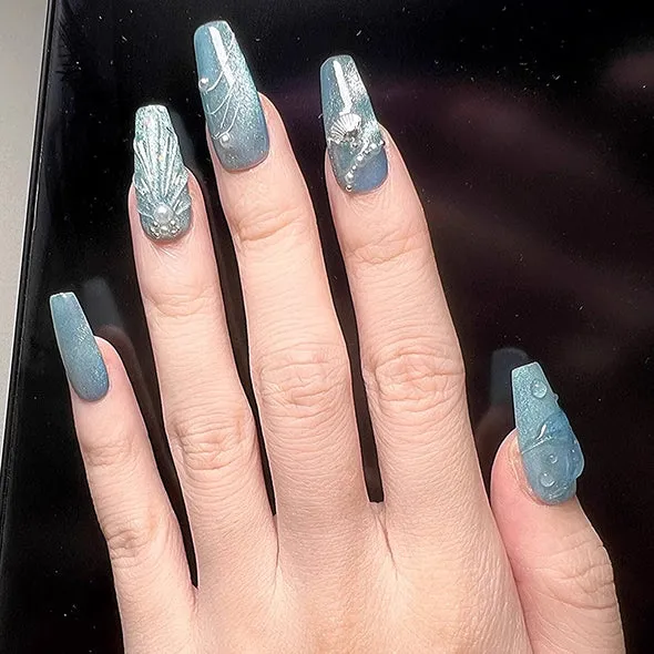Beach Themed The Little Mermaid Nails Cateye Acrylic Press Ons