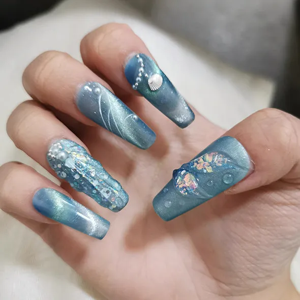 Beach Themed The Little Mermaid Nails Cateye Acrylic Press Ons