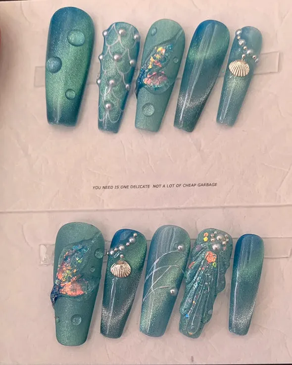 Beach Themed The Little Mermaid Nails Cateye Acrylic Press Ons