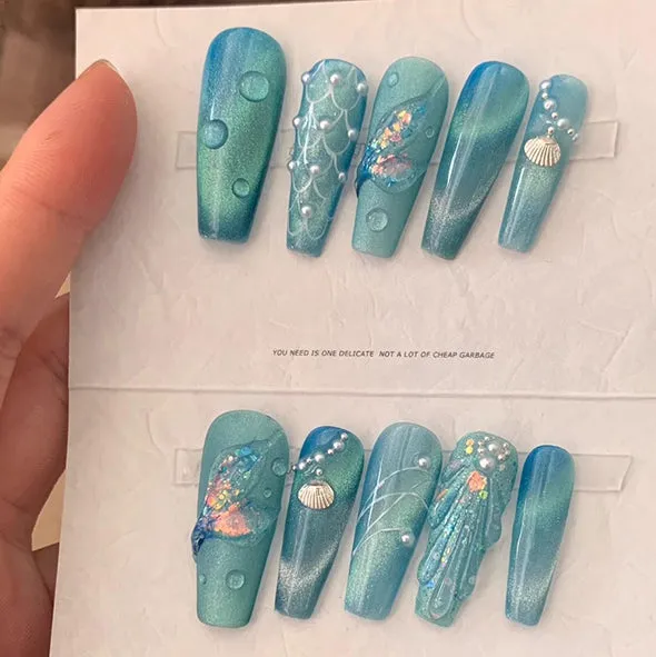 Beach Themed The Little Mermaid Nails Cateye Acrylic Press Ons