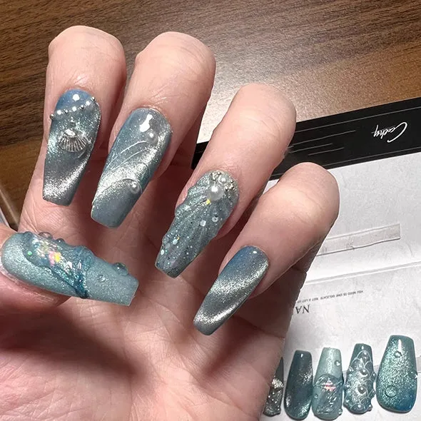 Beach Themed The Little Mermaid Nails Cateye Acrylic Press Ons