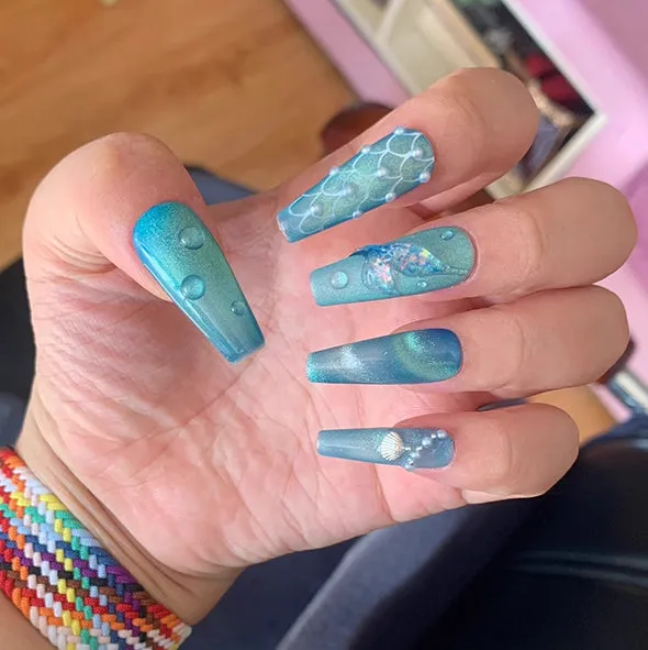 Beach Themed The Little Mermaid Nails Cateye Acrylic Press Ons