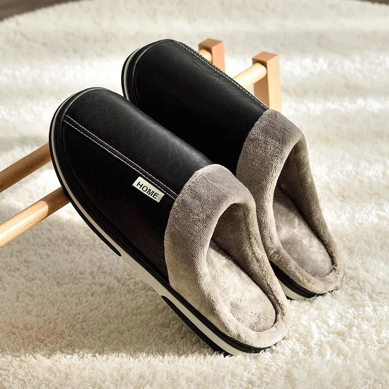 Big Size Winter Slippers for Men - Warm PU Leather House Shoes