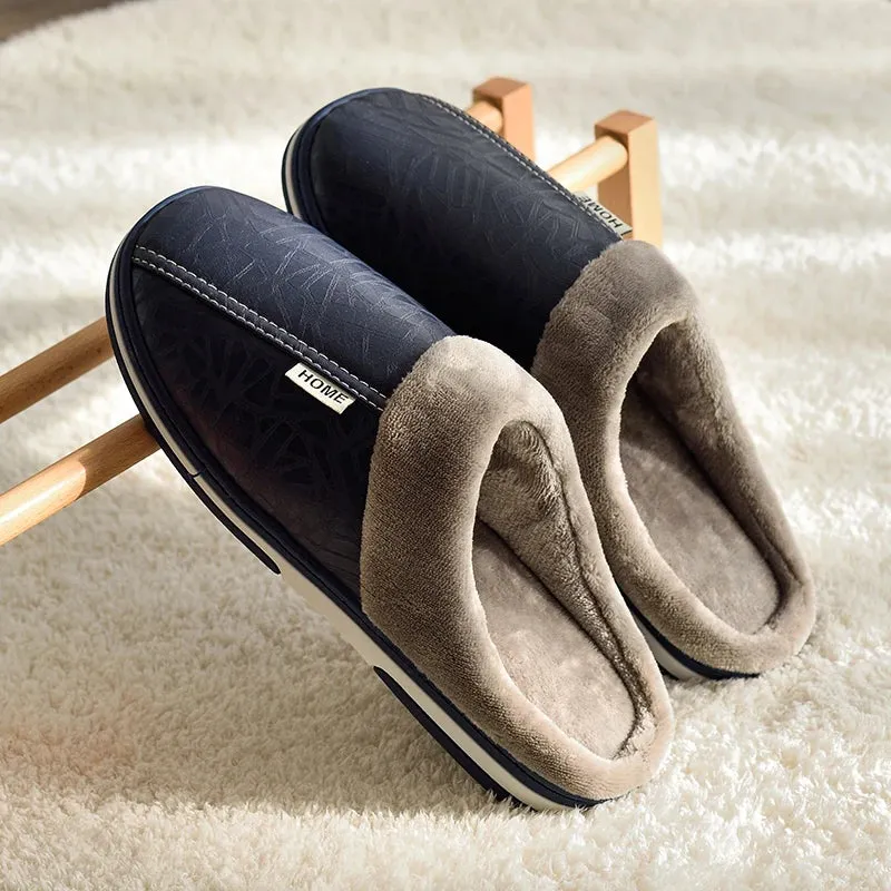 Big Size Winter Slippers for Men - Warm PU Leather House Shoes