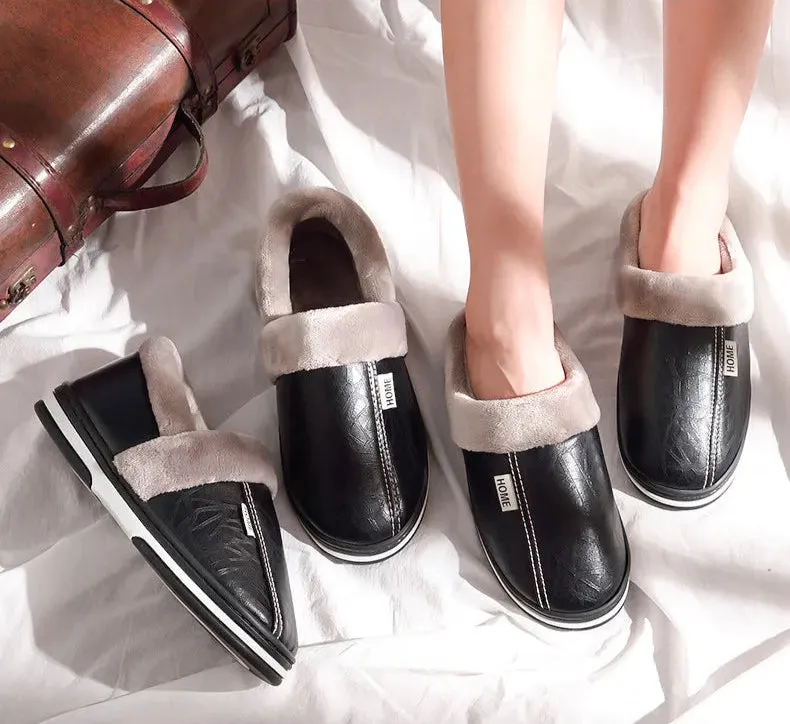 Big Size Winter Slippers for Men - Warm PU Leather House Shoes