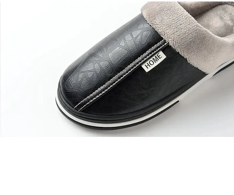 Big Size Winter Slippers for Men - Warm PU Leather House Shoes