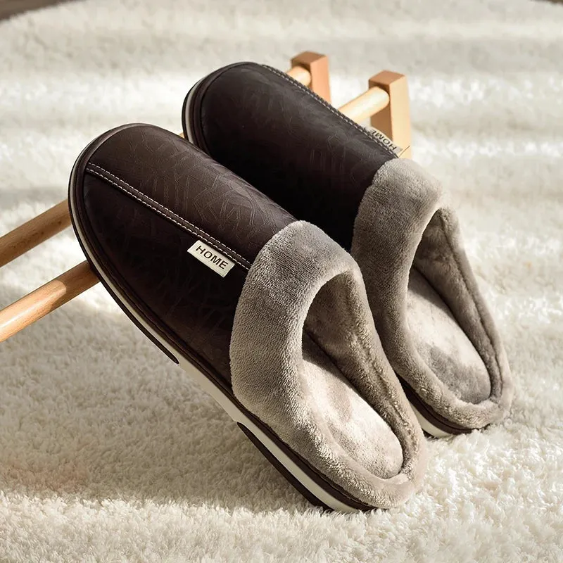 Big Size Winter Slippers for Men - Warm PU Leather House Shoes