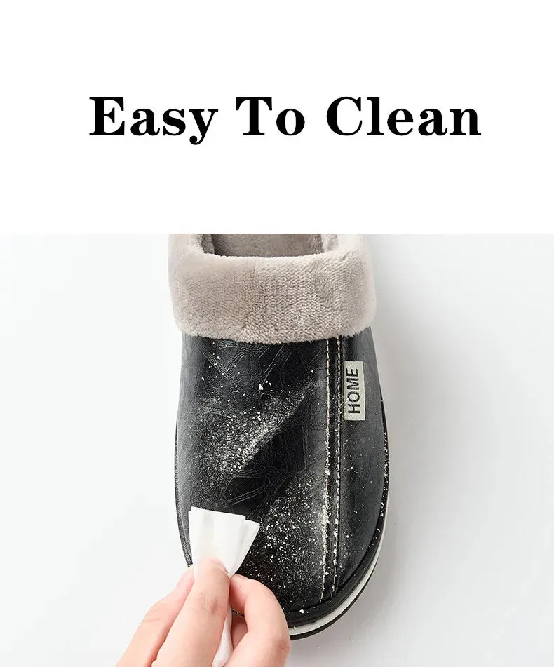 Big Size Winter Slippers for Men - Warm PU Leather House Shoes