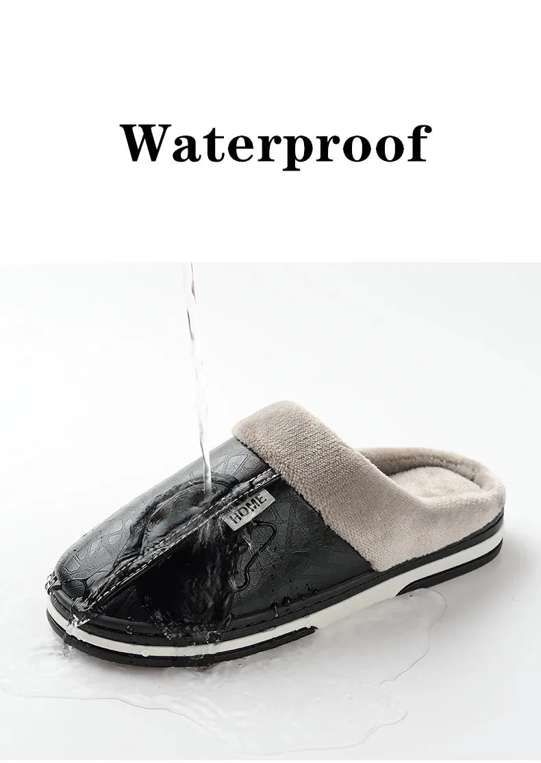 Big Size Winter Slippers for Men - Warm PU Leather House Shoes