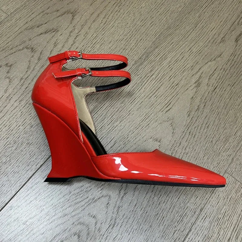 binfenxie  -  Red Pointed Toe Buckle Wedge Sandals Ladies Brand Designer Sexy High Heels Party Dress Pumps Summer Mary Jane Shoes for Women