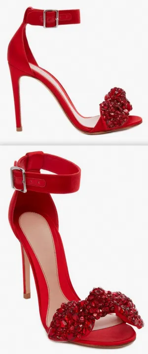 Bow Embroidered Sandals, Red