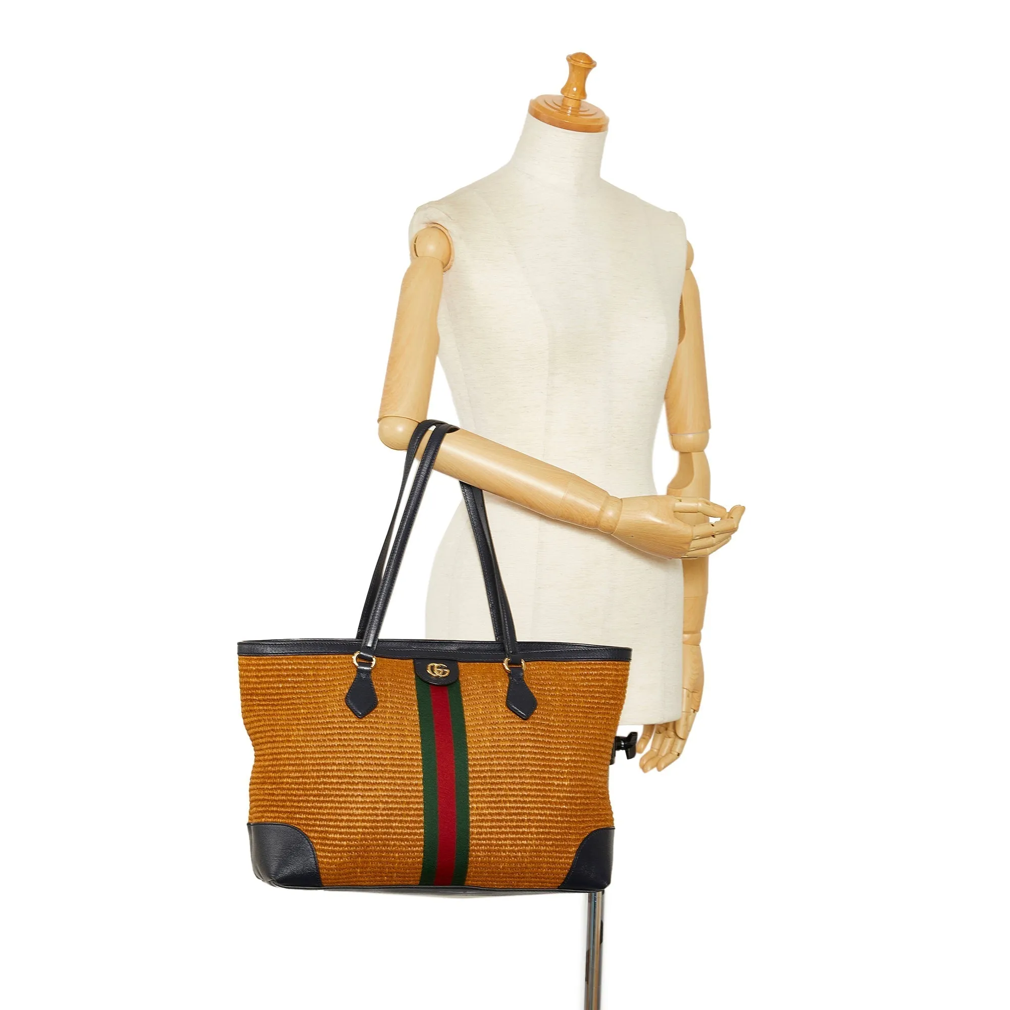 Brown Gucci Medium Raffia Ophidia Tote Bag