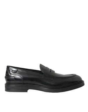 Dolce & Gabbana Black Leather Flat Slip On Shoes