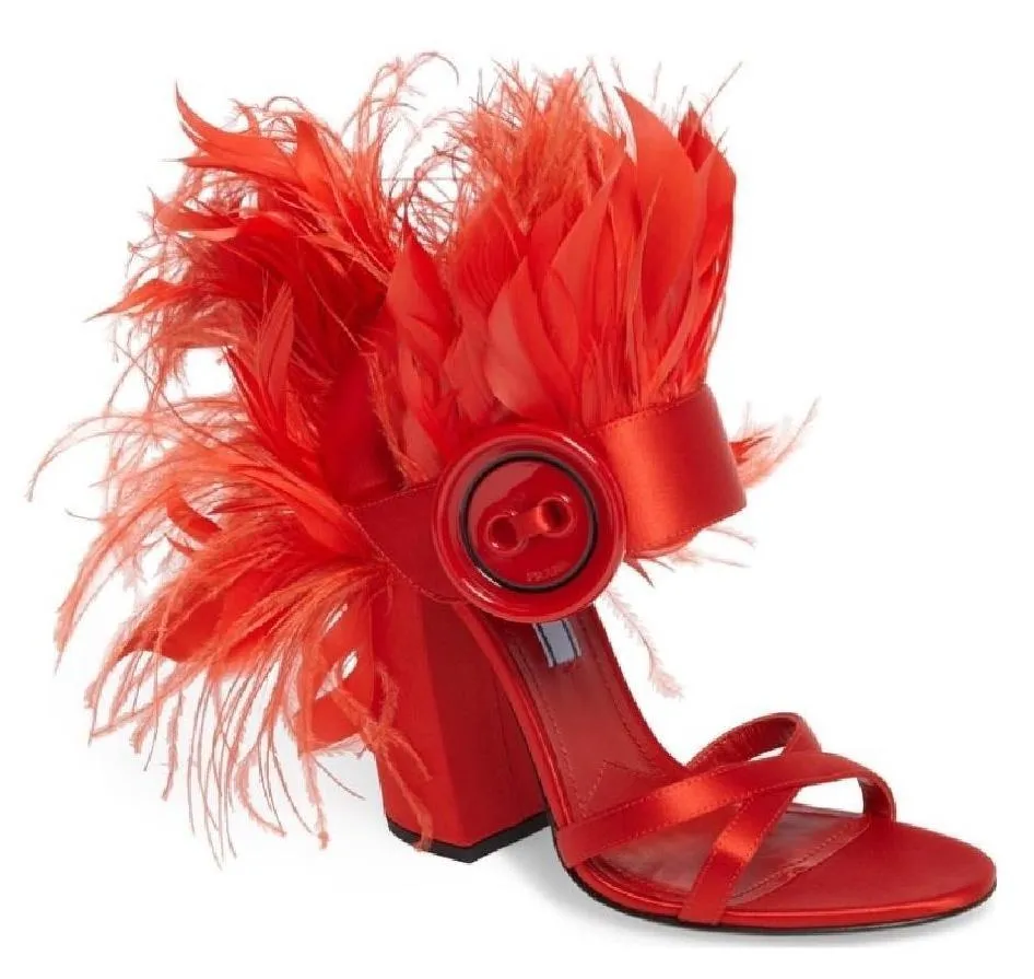 Feather-Trimmed Satin Sandals - Red or Orange
